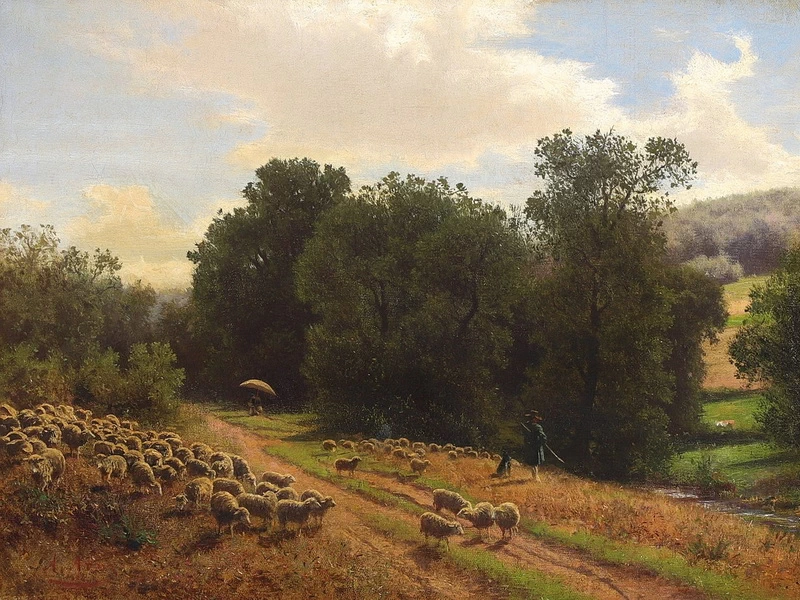 1832-Albert Arnz - Pastore con pecore in un paesaggio fluviale
